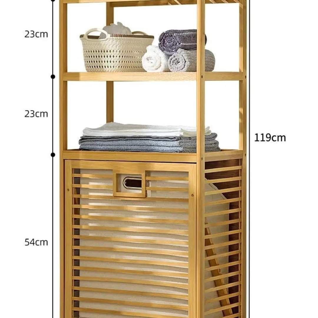 3 Tier Shelves Bamboo Laundry Basket Organizer BlackNov