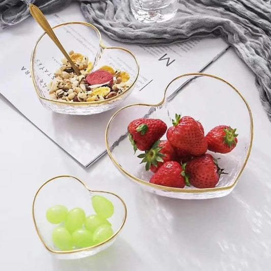 3pc Heart-Shaped Golden rim Glass Salad Bowl