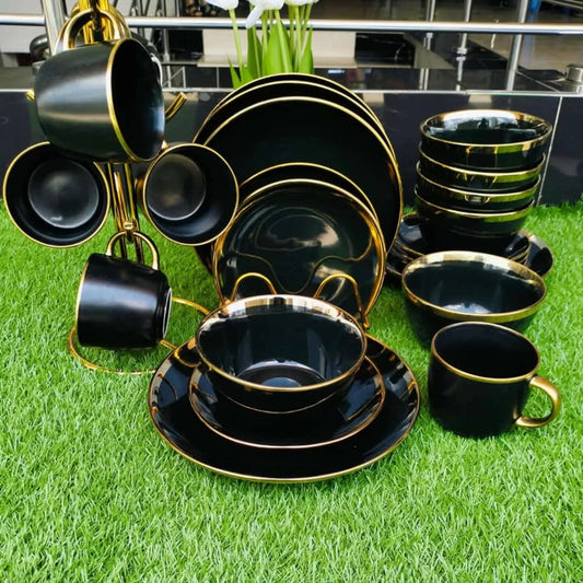 24pcs black dinner set with gold rim