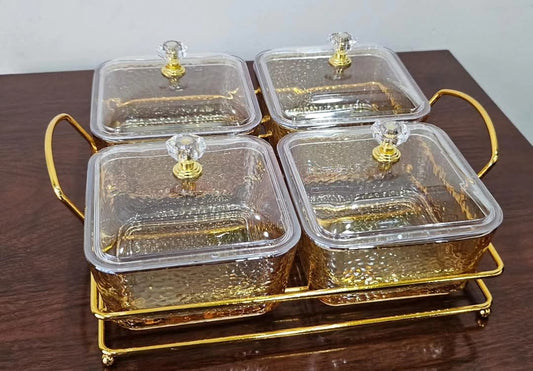 4pc heavy glass golden sugar dish set