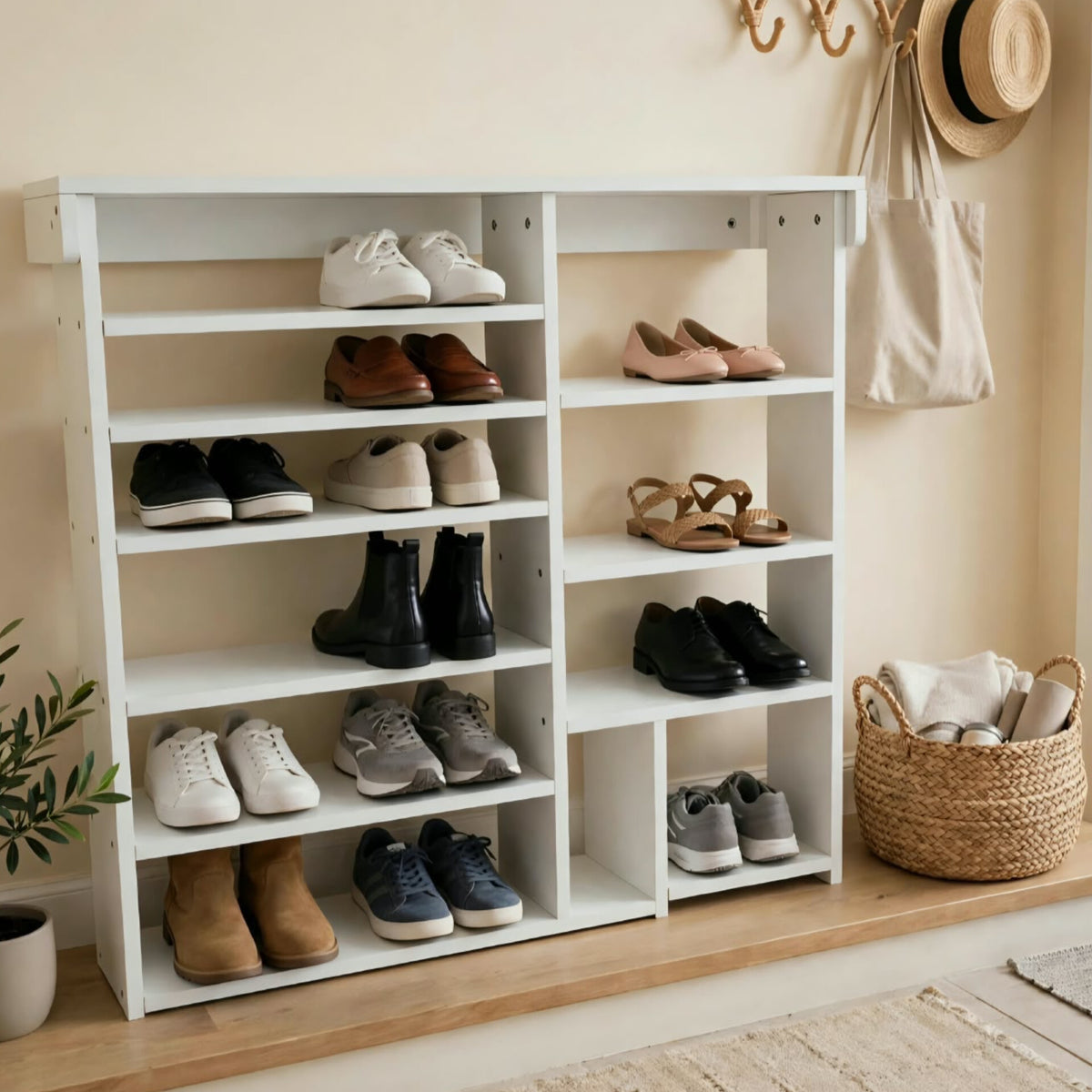 Freestanding White Multi-Tier Wooden Shoe Storage Rack and Entryway Organizer