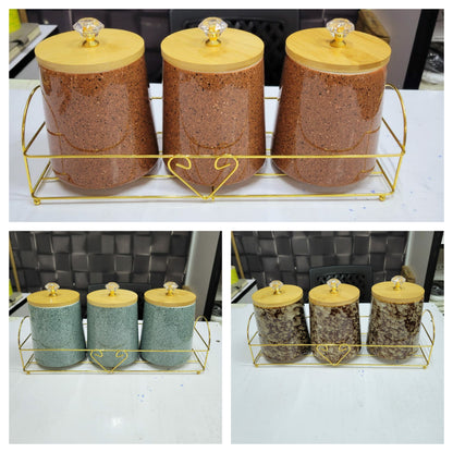 3pcs Ceramic Canister Set with Metallic Stand