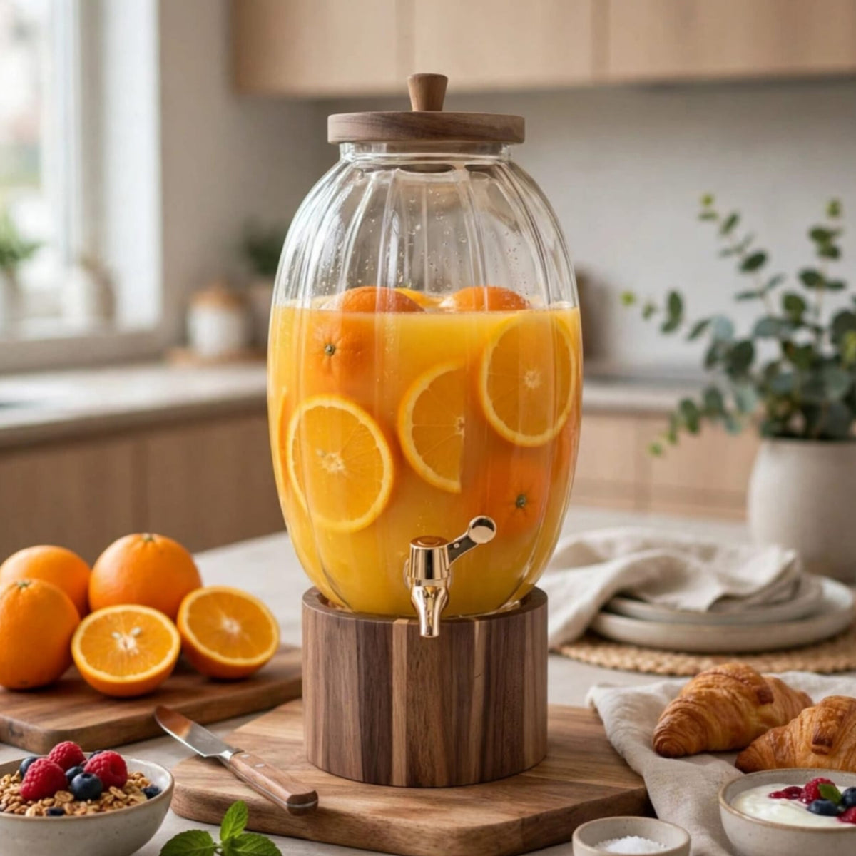 6L Glass Juice Dispenser with Wooden Lid And Gold Tap