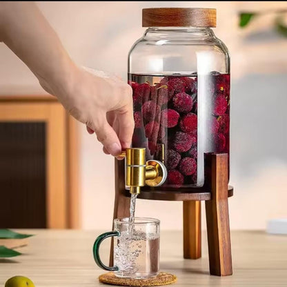 Glass Juice and Beverage Dispenser with Bamboo Stand