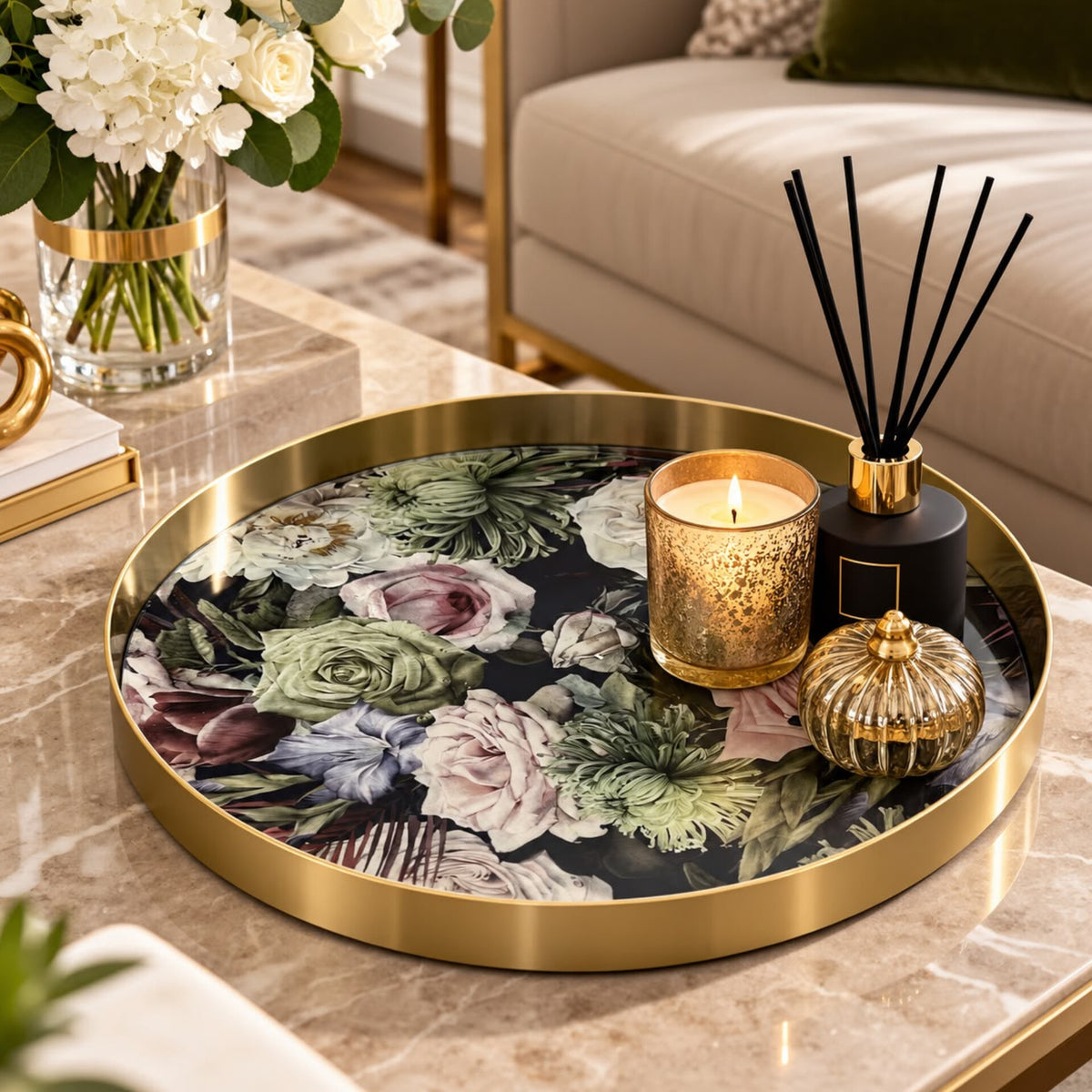 Gold-Rimmed Floral Decorative Tray