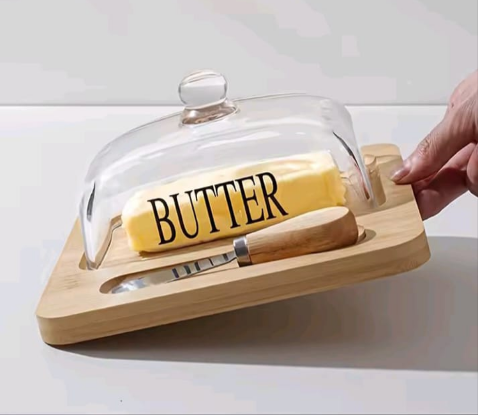 Glass butter dish with bamboo tray