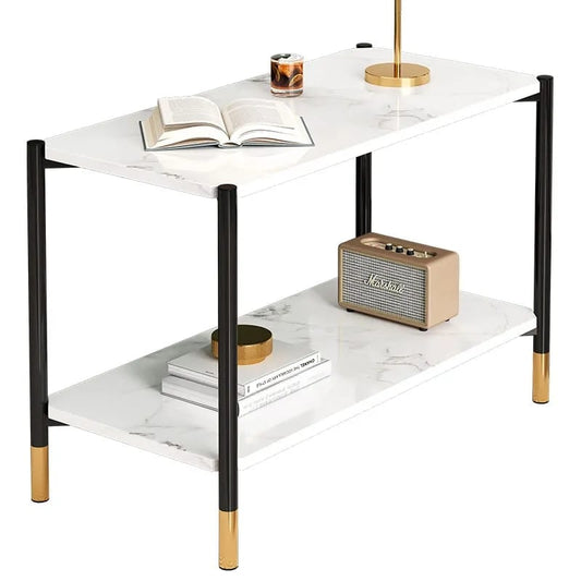 Modern Rectangular 2-Tier Coffee Table with Marble Finish and Gold-Tipped Legs