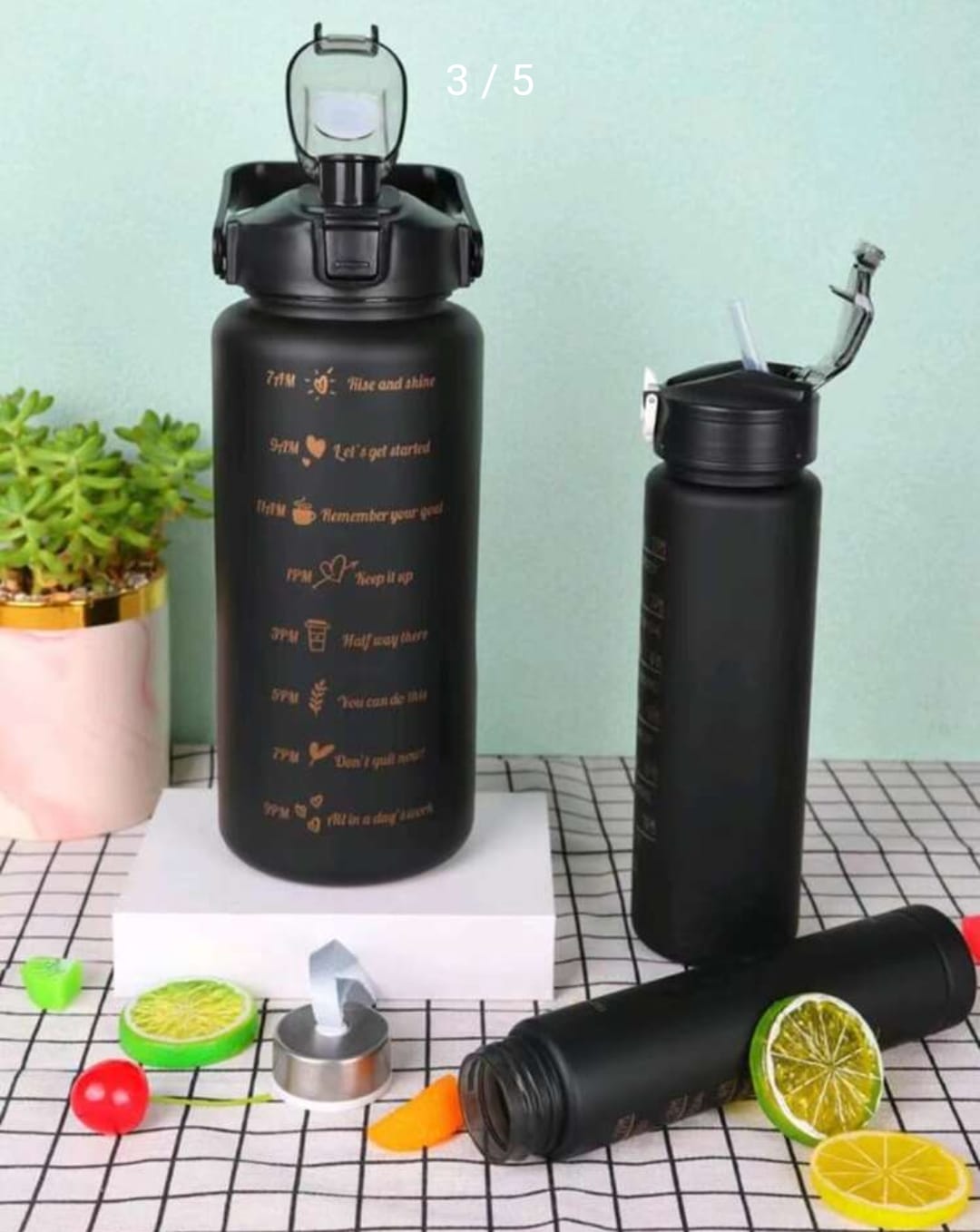 3pcs Black Themed Motivational Water Bottle