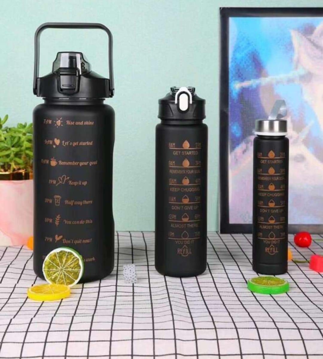 3pcs Black Themed Motivational Water Bottle