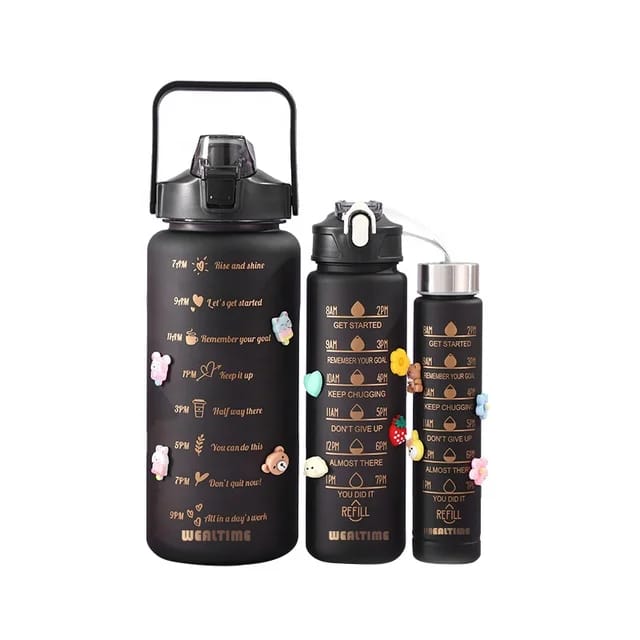 3pcs Black Themed Motivational Water Bottle