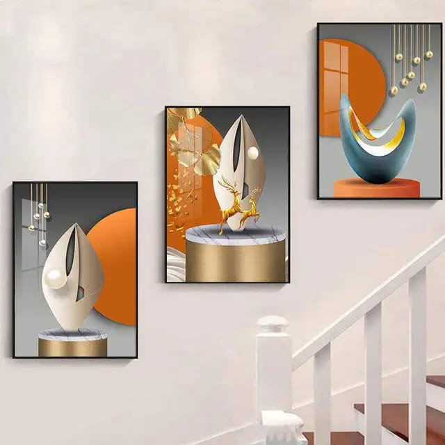 3Pc Set Crystal Porcelain Painting with Aluminum Frame