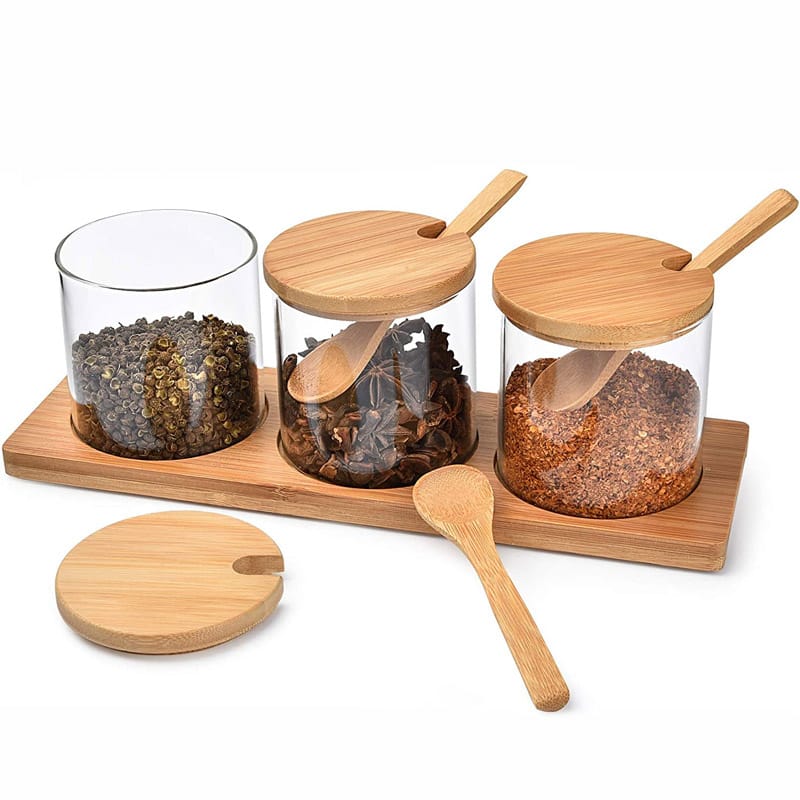 3 in 1 Glass canisters set with bamboo lids, spoons and tray