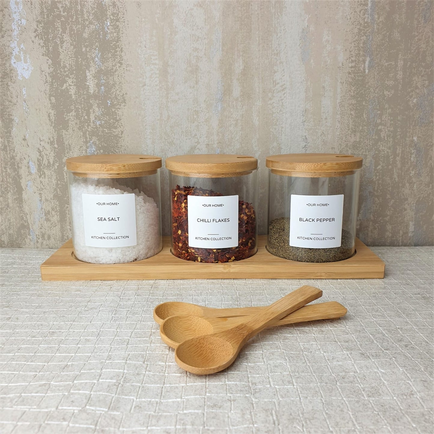 3 in 1 Glass canisters set with bamboo lids, spoons and tray