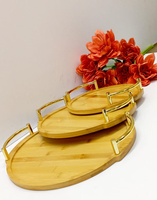 3 in 1 Bamboo Serving Tray with Gold Rim Handles