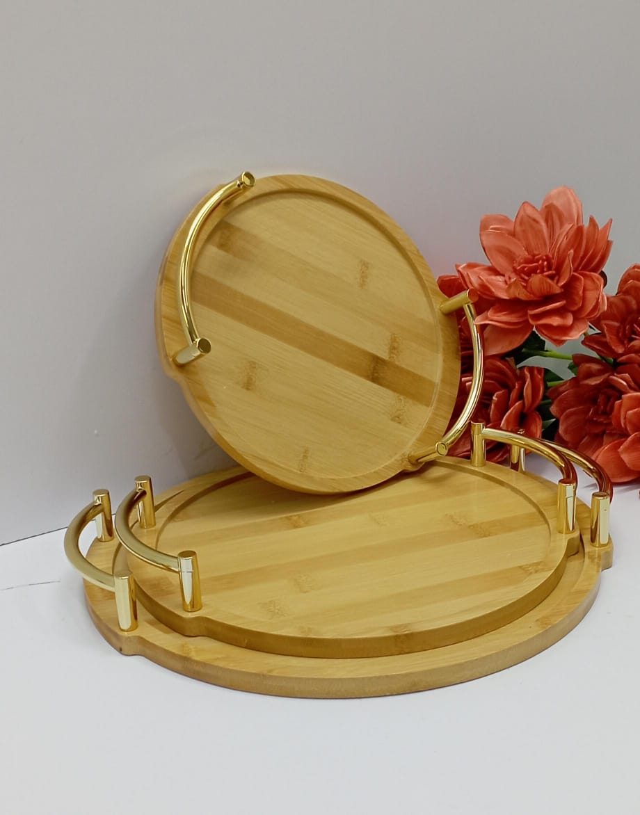 3 in 1 Bamboo Serving Tray with Gold Rim Handles