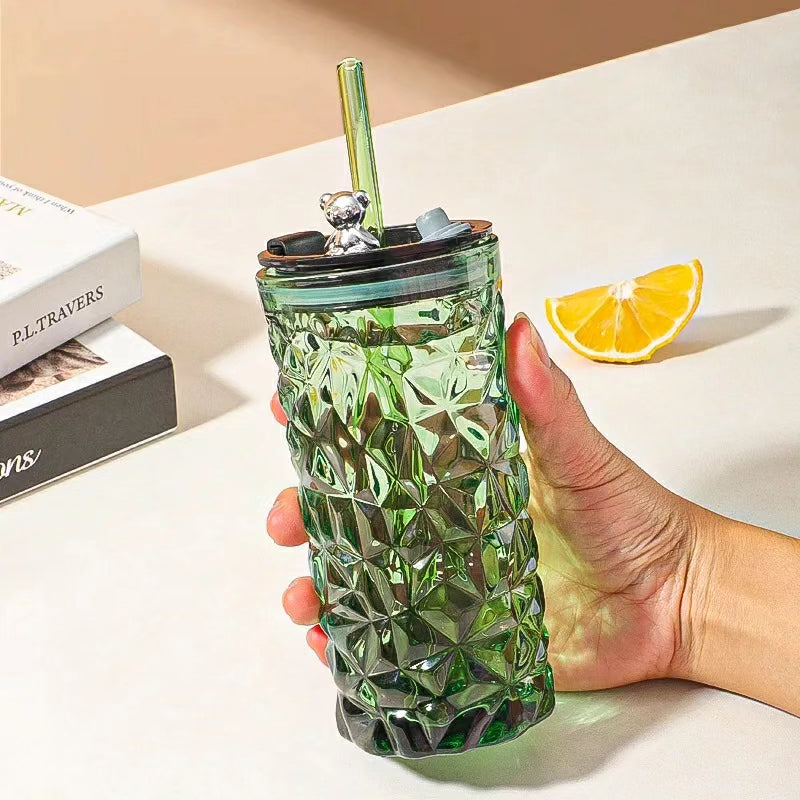 Cute Crystal like Glass Tumbler with Glass Straw