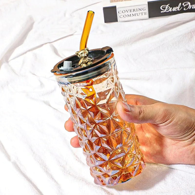 Cute Crystal like Glass Tumbler with Glass Straw