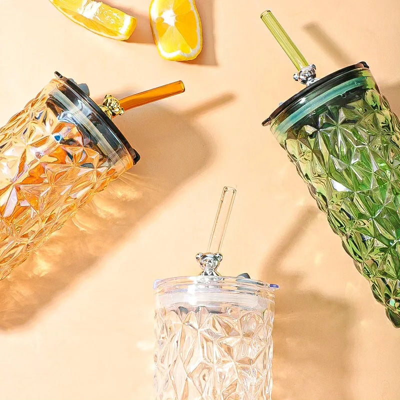 Cute Crystal like Glass Tumbler with Glass Straw