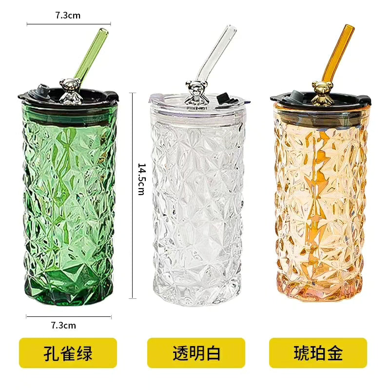 Cute Crystal like Glass Tumbler with Glass Straw