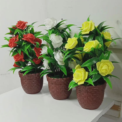 Plastic Artificial Rose Flower Faux Plant Potted Rose Flower