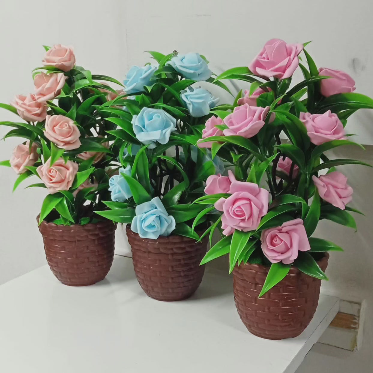 Plastic Artificial Rose Flower Faux Plant Potted Rose Flower