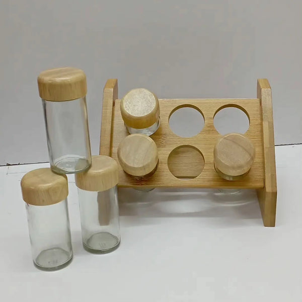 Bamboo spice rack plus 6pcs spice jars with bamboo lids