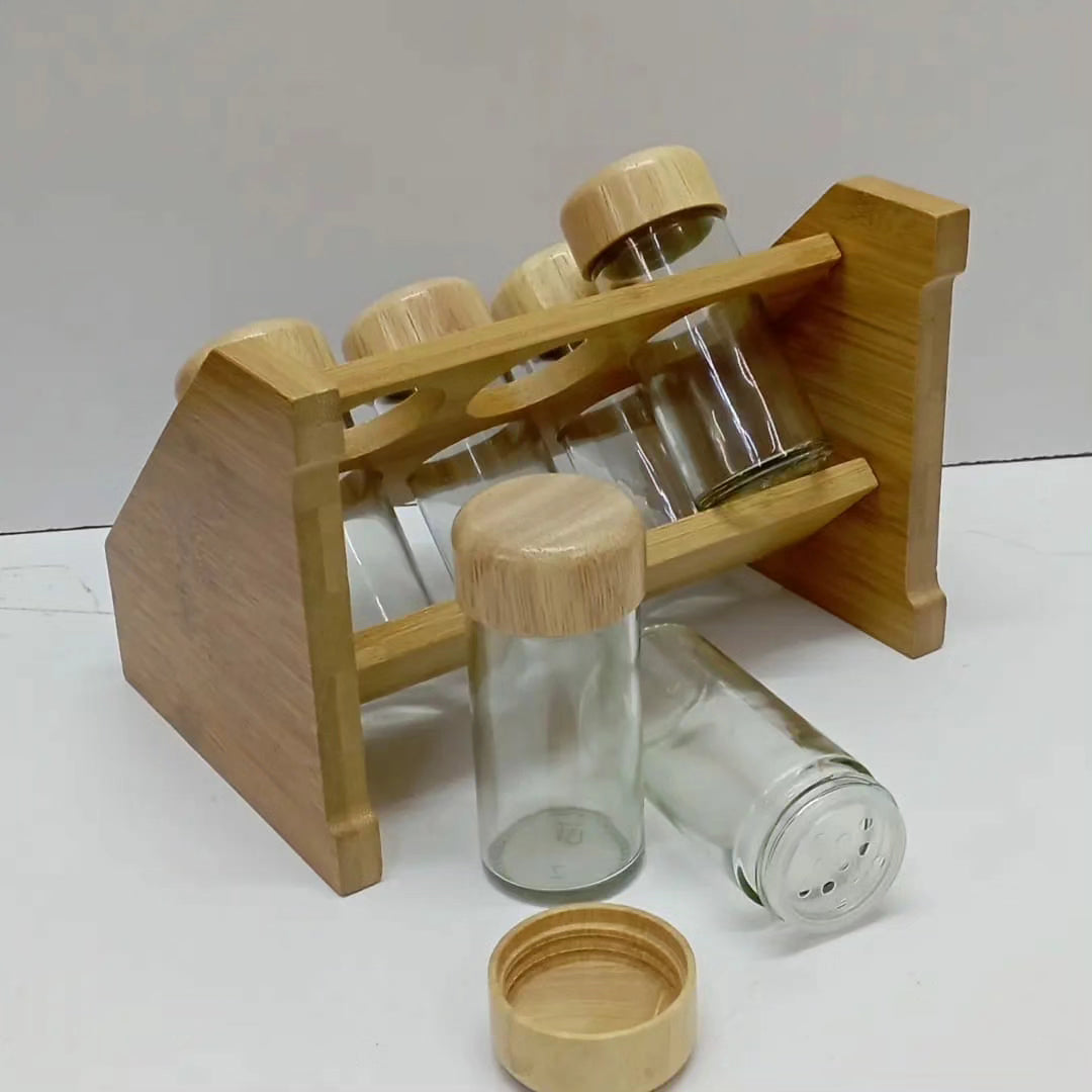 Bamboo spice rack plus 6pcs spice jars with bamboo lids-2595/=