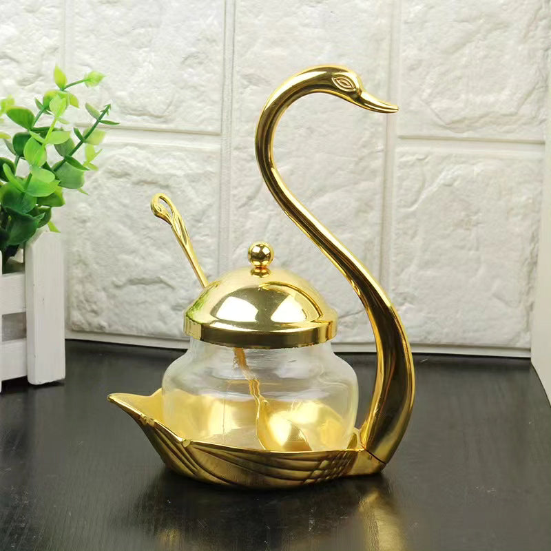 Swan sugar dish with gold/silver tea spoon-1999/=