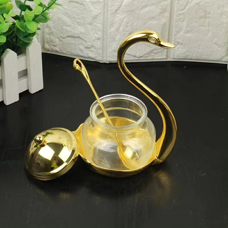 Swan sugar dish with gold/silver tea spoon-1999/=