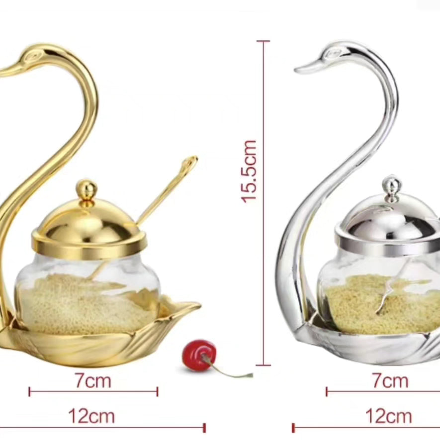 Swan sugar dish with gold/silver tea spoon-1999/=