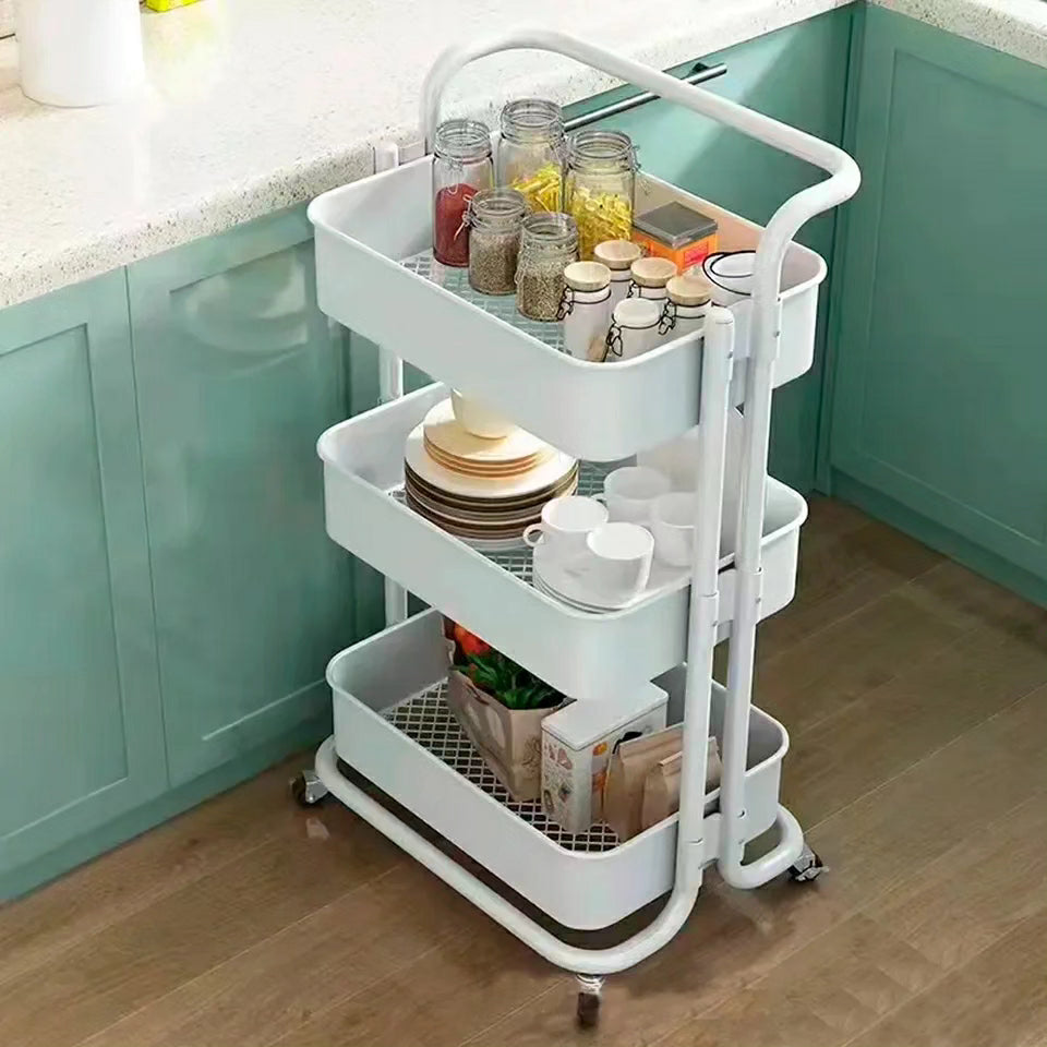 Plastic with Metal Stands Multi-functional Movable Trolley Storage Rack