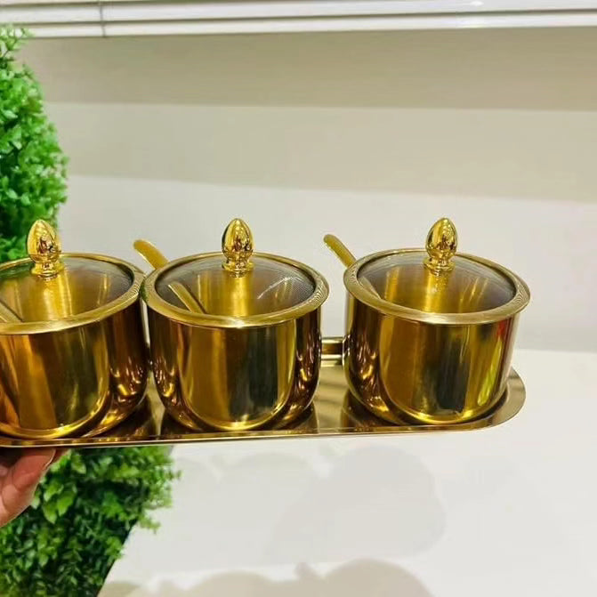 3pcs Golden Metallic Seasoning Cans on a Gold Tray