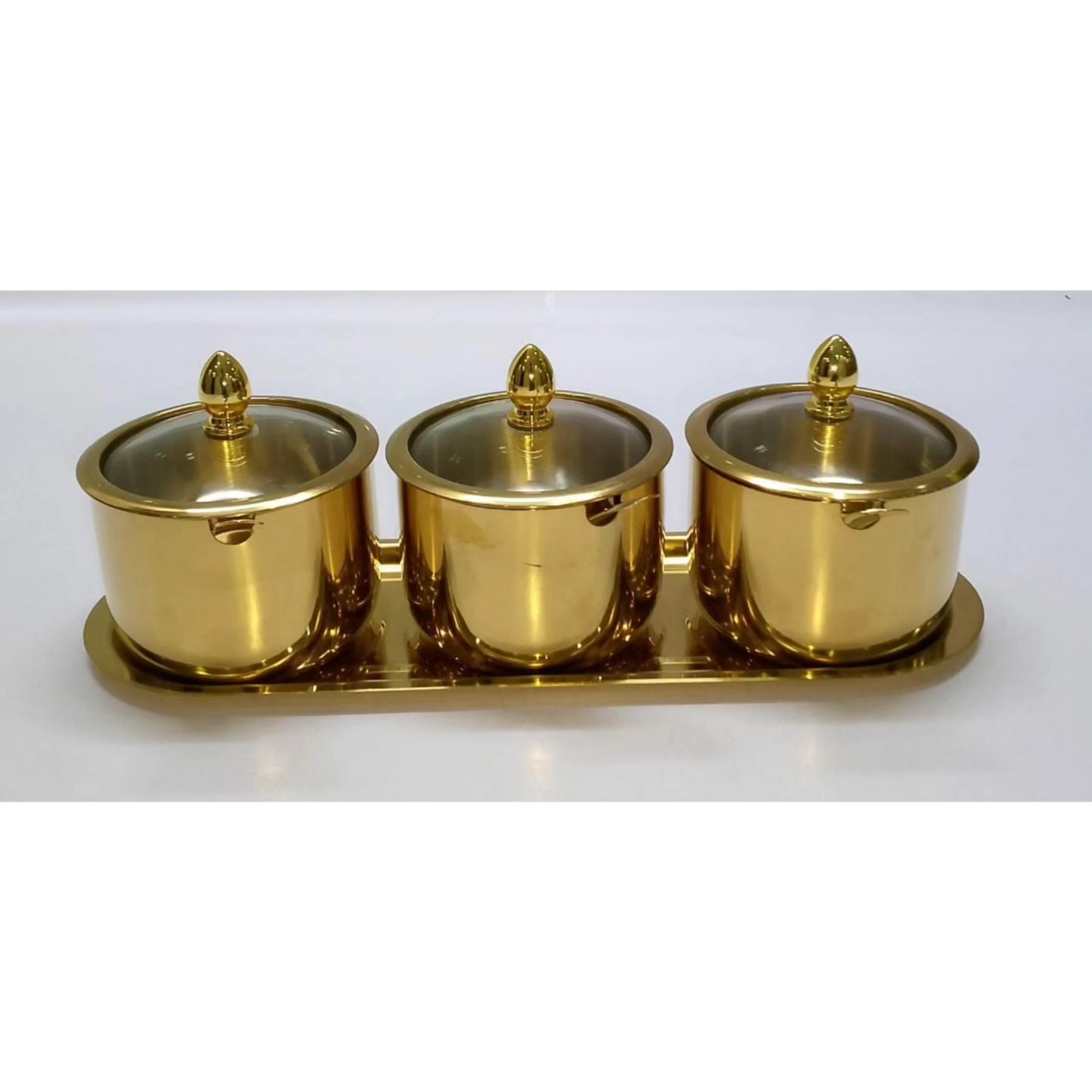 3pcs Golden Metallic Seasoning Cans on a Gold Tray