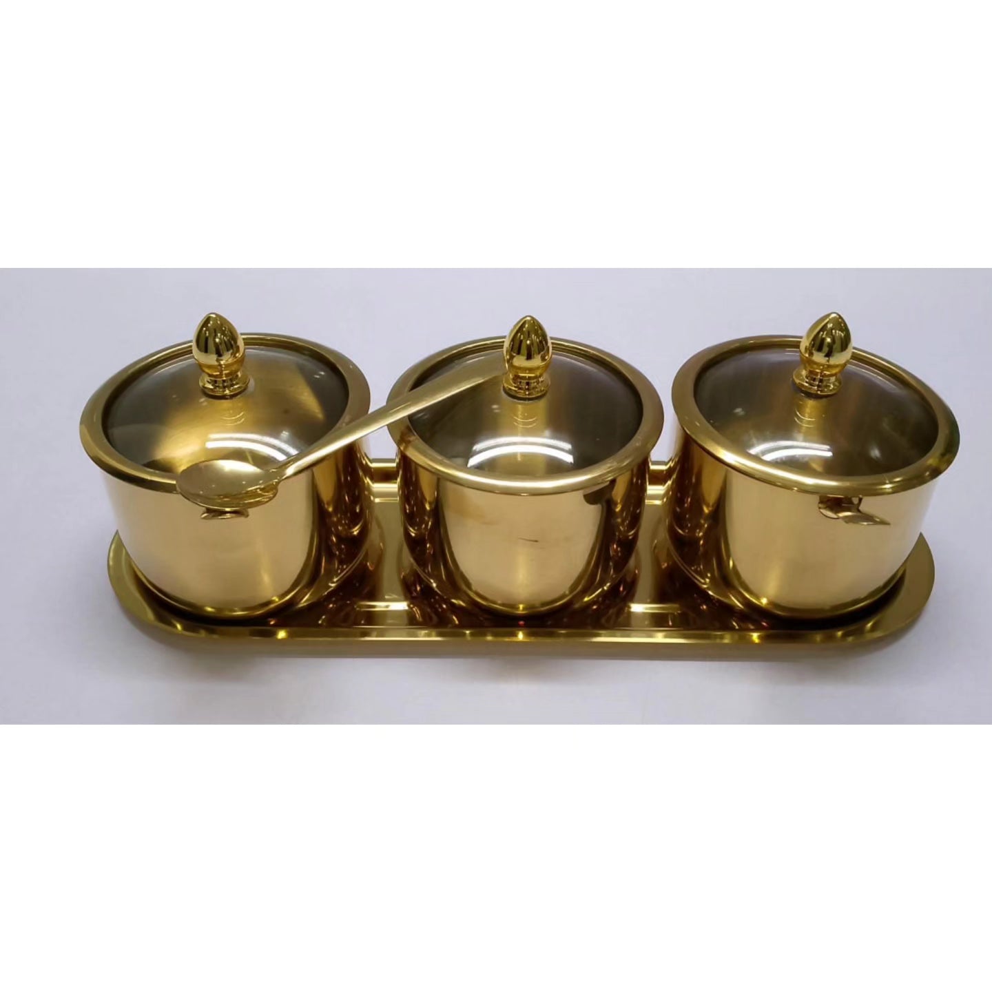 3pcs Golden Metallic Seasoning Cans on a Gold Tray