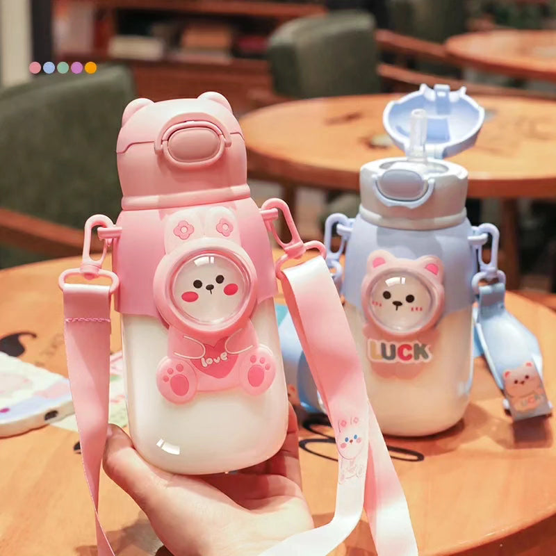 780ml Cute Kids Water Bottle with Straw and Strap