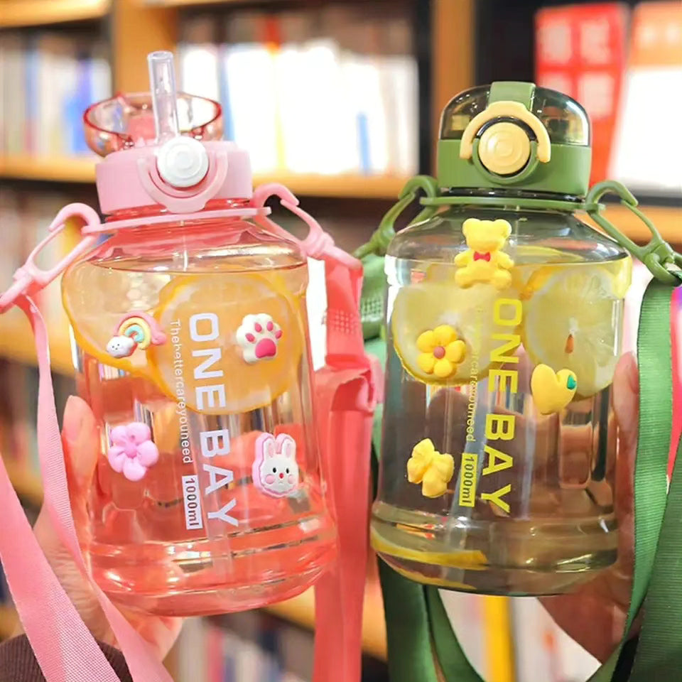 1000ml Cute Water Bottles with Straw and Strap