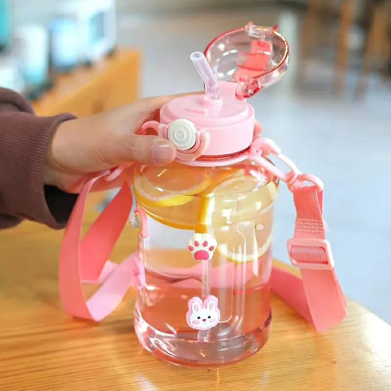 1000ml Cute Water Bottles with Straw and Strap