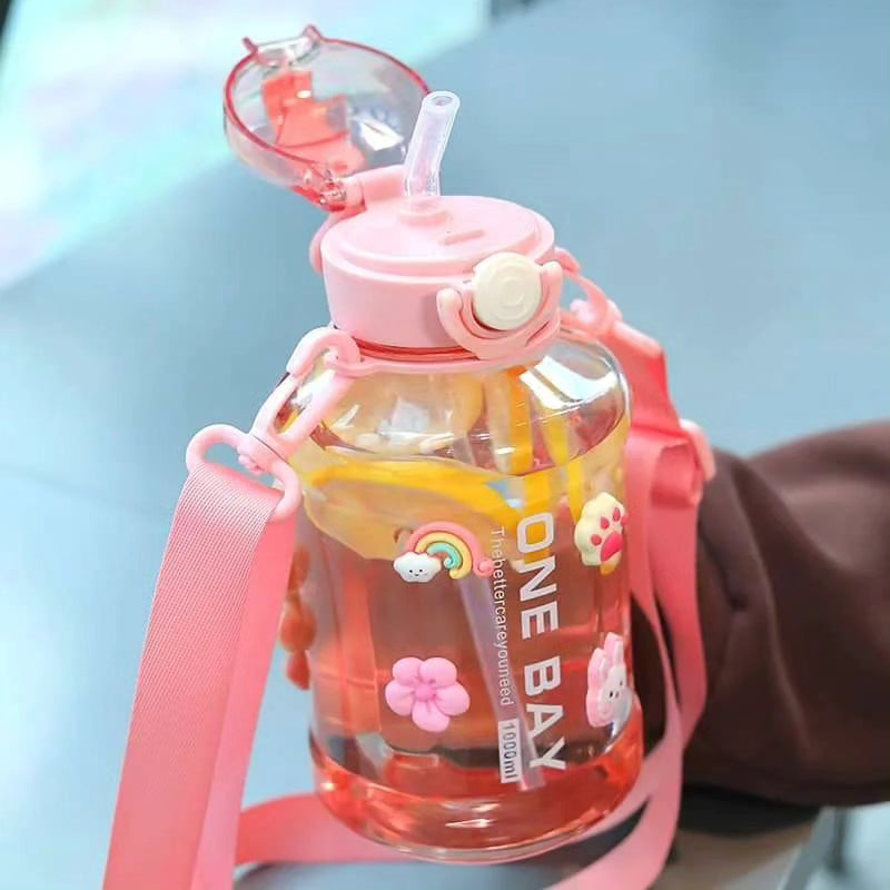 1000ml Cute Water Bottles with Straw and Strap