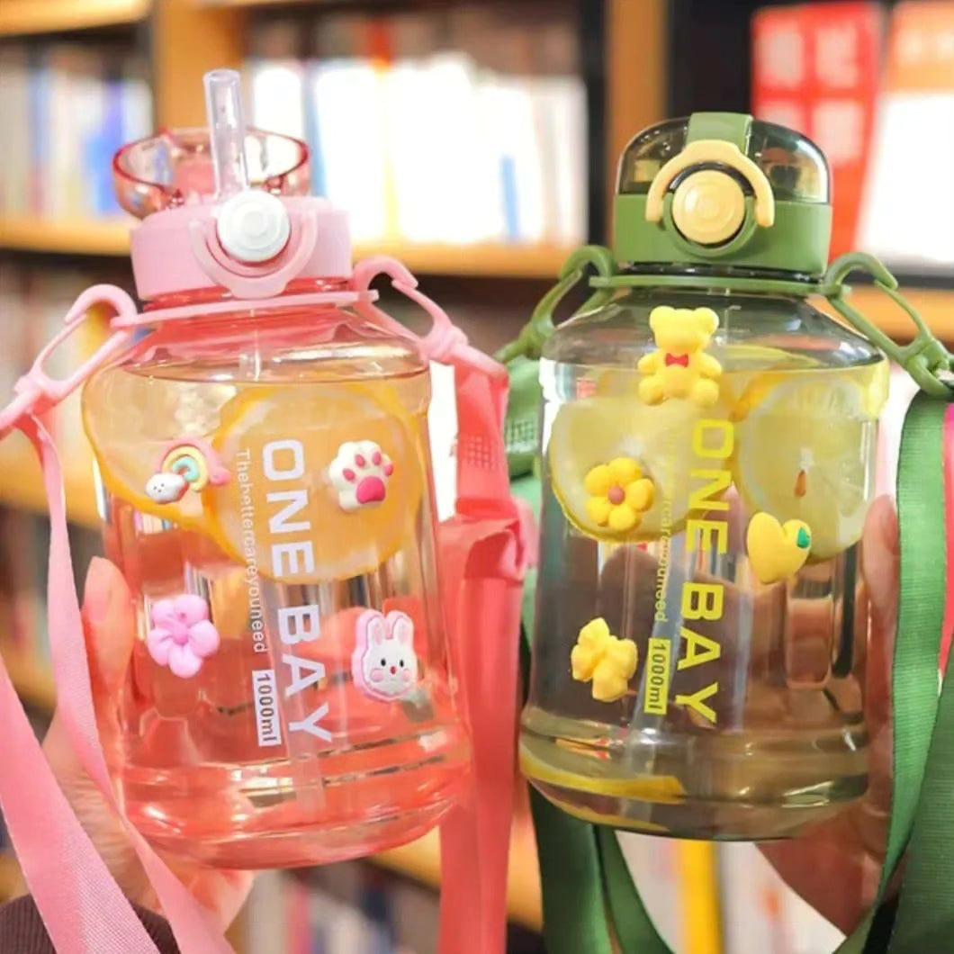 1000ml Cute Water Bottles with Straw and Strap