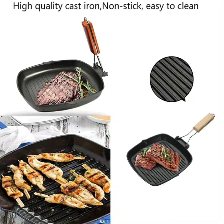 Non Stick Square Steak Pan with Wooden Handle