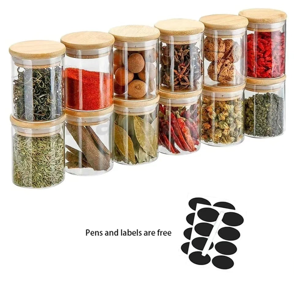 12 glass jars with bamboo lid and free jar stickers and pen