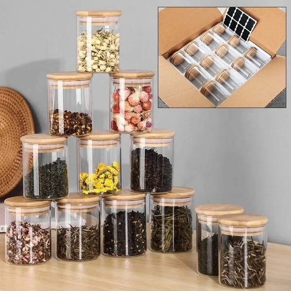 12 glass jars and pen and labels
