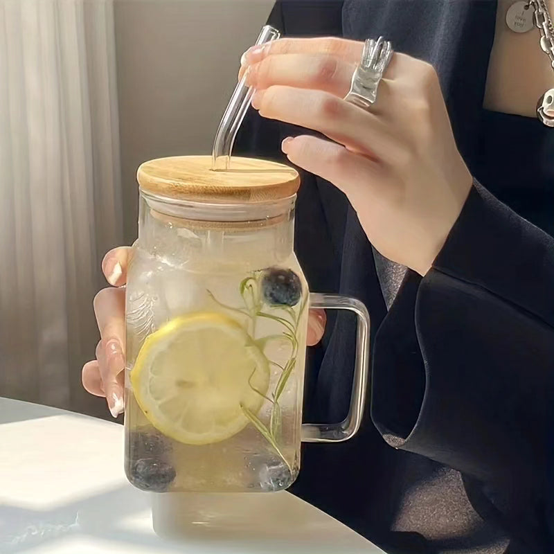 Classy Glass Mug with Handle,Lid and Straw