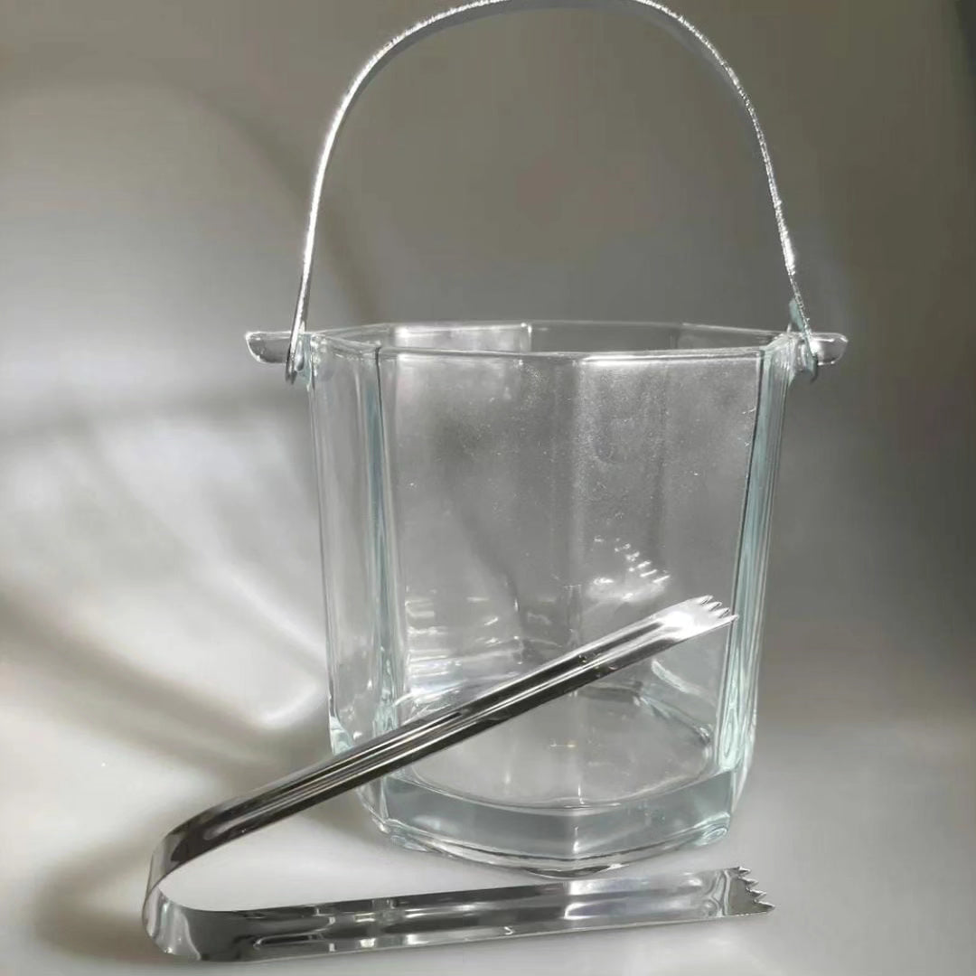 Heavy Glass Ice Bucket with Metallic Tong and Handle