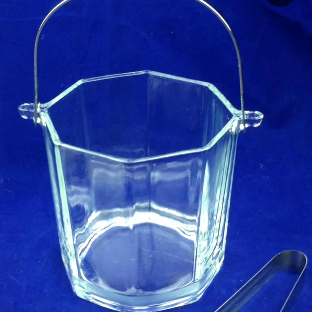 Heavy Glass Ice Bucket with Metallic Tong and Handle