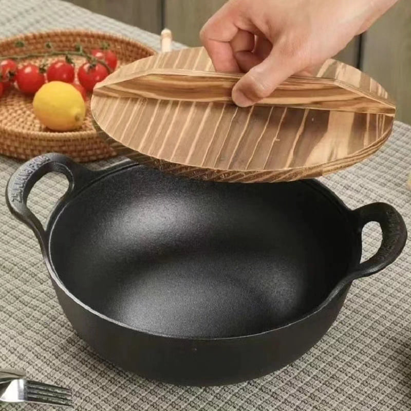 Pre -seasoned Pure Cast Iron Flat Bottom  Wok with Wooden Lid