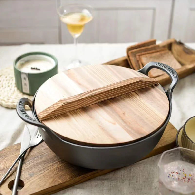 Pre -seasoned Pure Cast Iron Flat Bottom  Wok with Wooden Lid