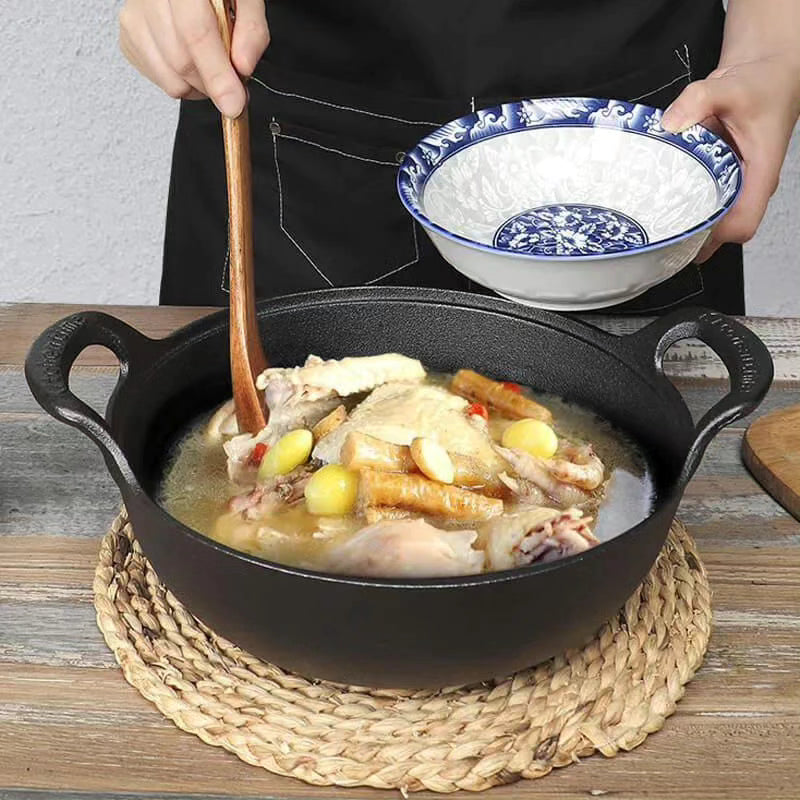 Pre -seasoned Pure Cast Iron Flat Bottom  Wok with Wooden Lid