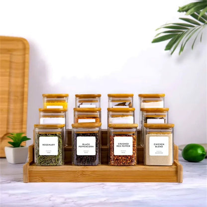 12pc square glass spice jar set with a wooden bamboo stand