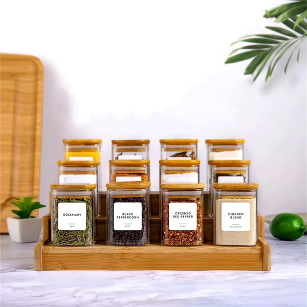 12pc square glass spice jar set with a wooden bamboo stand